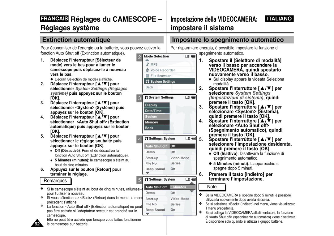 Samsung VP-X110L/XEF Réglages système, Impostare il sistema, Extinction automatique Impostare lo spegnimento automatico 