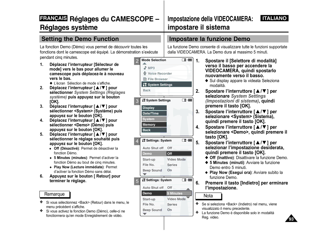 Samsung VP-M110R/XEF manual Setting the Demo Function Impostare la funzione Demo, Selezionare Demo, quindi premere il 