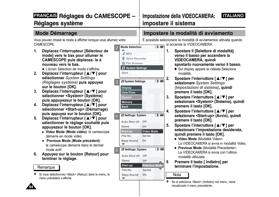 Samsung VP-M110S/XET, VP-M110S/XEF, VP-M110B/XEF, VP-X110L/XEF manual Mode Démarrage Impostare la modalità di avviamento 