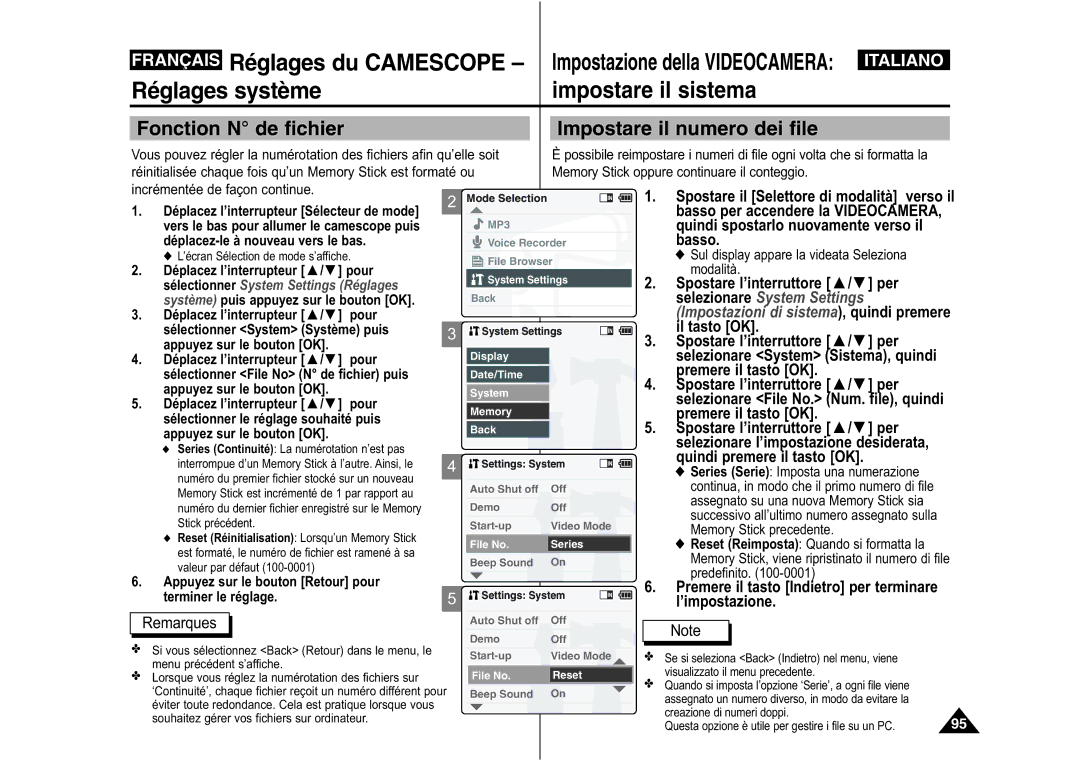 Samsung VP-M110S/XEF, VP-M110S/XET Fonction N de fichier Impostare il numero dei file, Selezionare System Sistema, quindi 