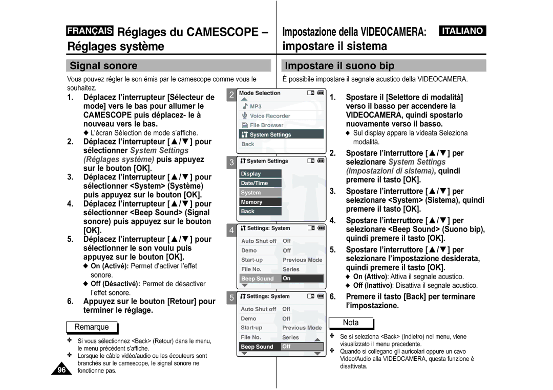 Samsung VP-M110B/XEF, VP-M110S/XET, VP-M110S/XEF, VP-X110L/XEF, VP-M110R/XEF manual Signal sonore Impostare il suono bip 