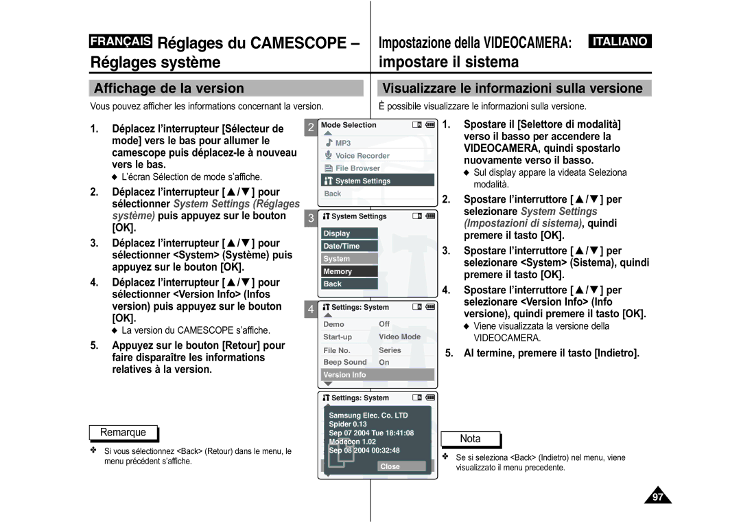 Samsung VP-X110L/XEF, VP-M110S/XET, VP-M110S/XEF, VP-M110B/XEF, VP-M110R/XEF manual Affichage de la version 