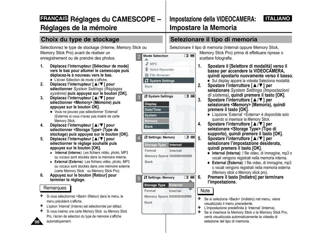 Samsung VP-M110R/XEF Réglages de la mémoire, Impostare la Memoria, Premere il tasto Indietro per terminare l’impostazione 