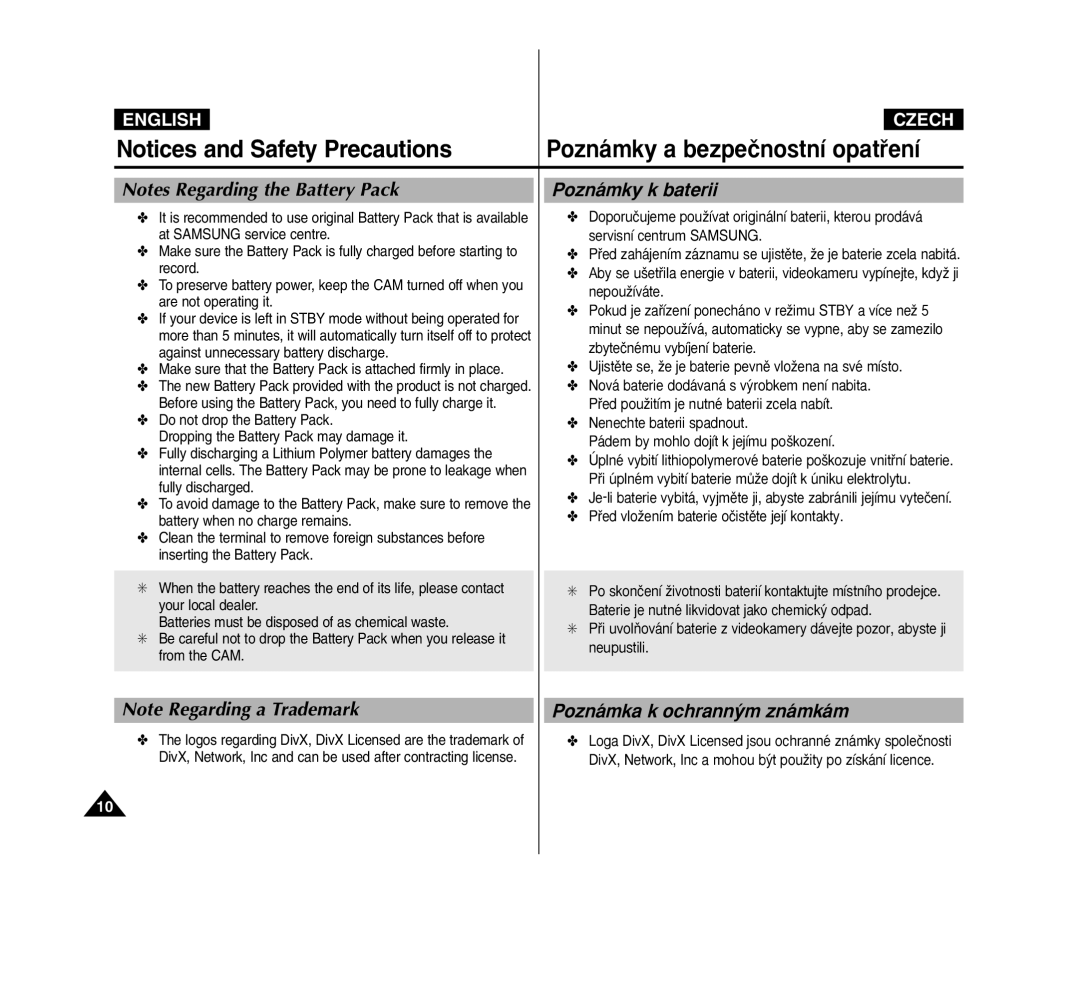 Samsung VP-M2100B/XET, VP-M2100BMEM, VP-M2050S/XEC, VP-M2100S/XEC manual Poznámky k baterii, Poznámka k ochrann˘m známkám 