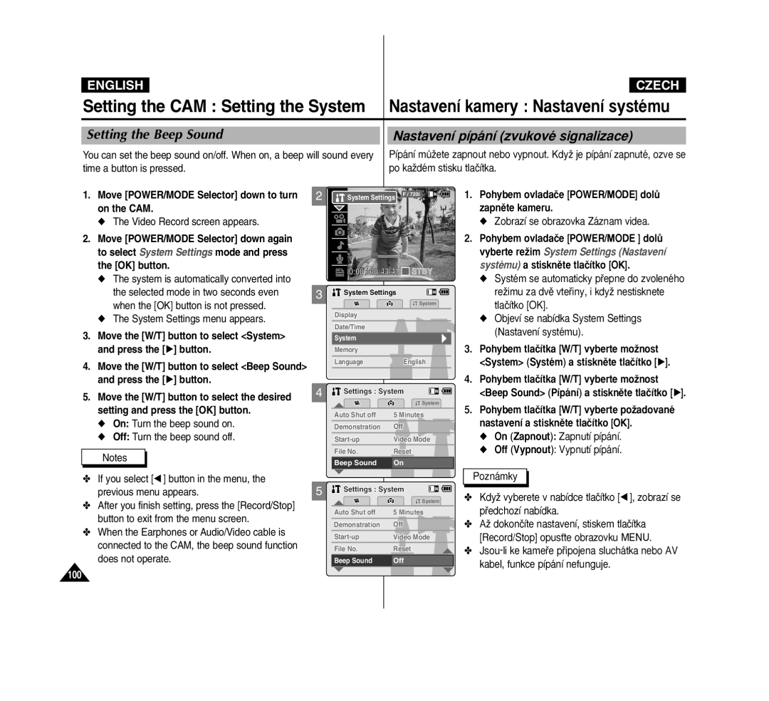 Samsung VP-M2100B/XET Setting the CAM Setting the System, Setting the Beep Sound Nastavení pípání zvukové signalizace 