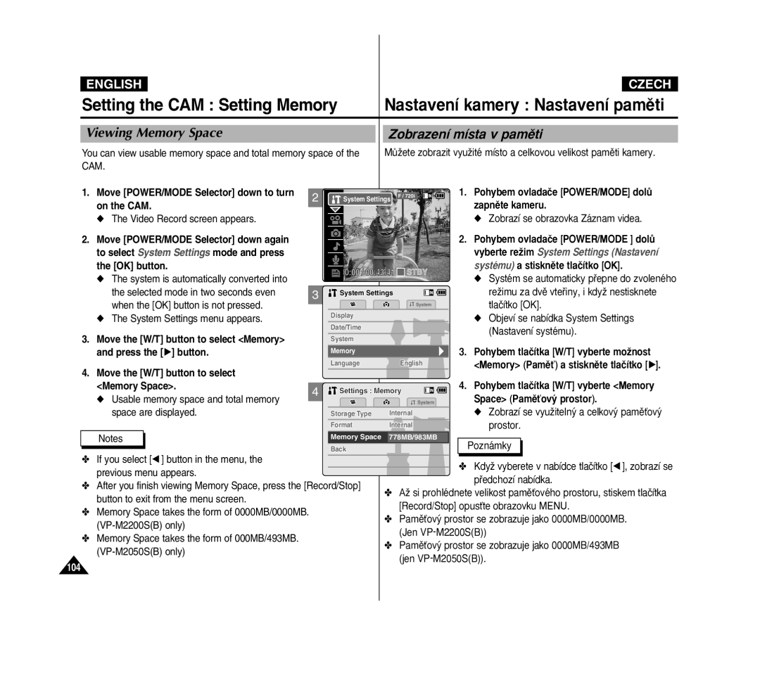 Samsung VP-M2100S/XEH, VP-M2100B/XET Viewing Memory Space Zobrazení místa v pamûti, Pohybem tlaãítka W/T vyberte Memory 