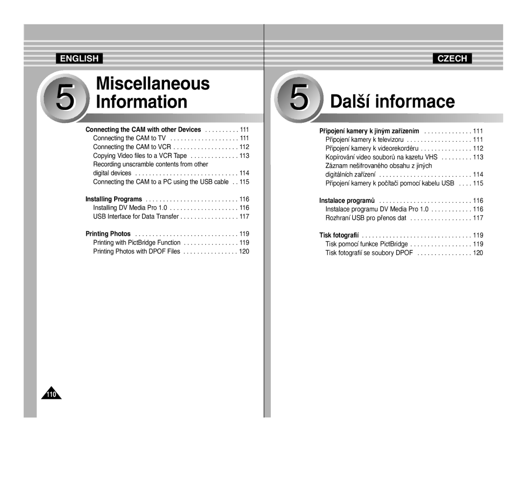 Samsung VP-M2100B/XET, VP-M2100BMEM, VP-M2050S/XEC manual Miscellaneous Information, Pﬁipojení kamery k jin˘m zaﬁízením 