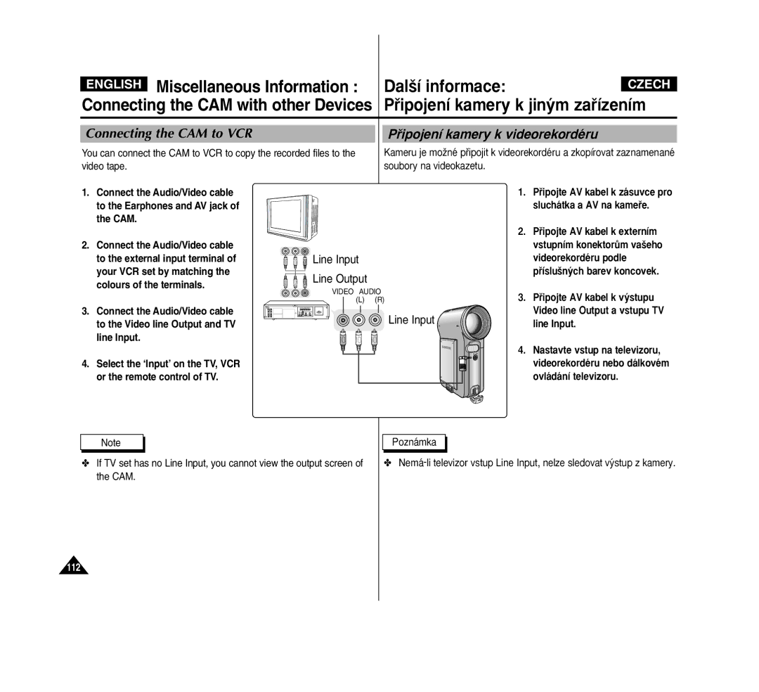 Samsung VP-M2050S/XEC, VP-M2100B/XET, VP-M2100BMEM Connecting the CAM to VCR, Pﬁipojení kamery k videorekordéru, Line Input 