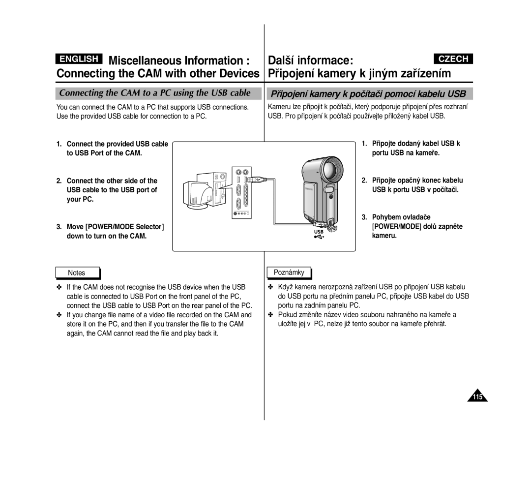 Samsung VP-M2100S/SED manual Pﬁipojení kamery k poãítaãi pomocí kabelu USB, Connecting the CAM to a PC using the USB cable 