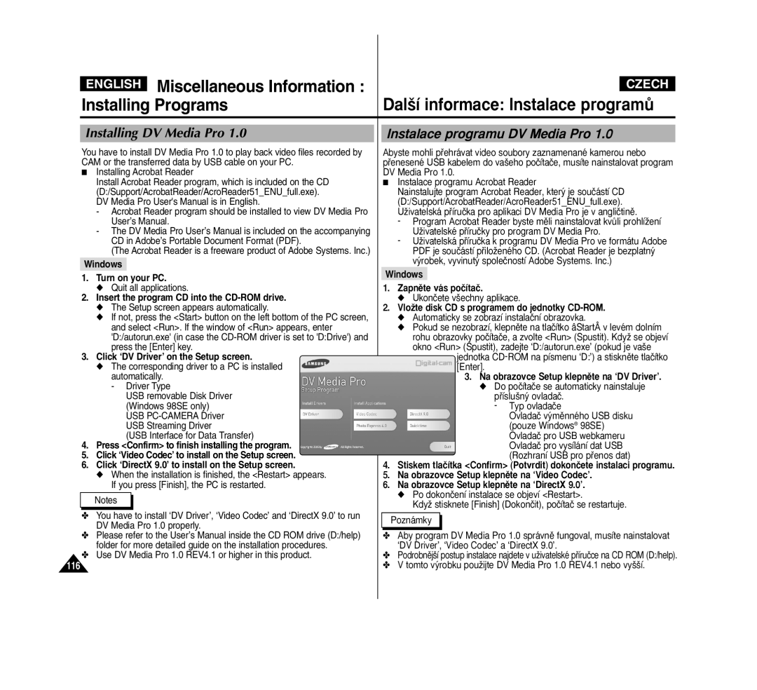 Samsung VP-M2100S/XEV, VP-M2100B/XET manual English Miscellaneous Information, Installing Programs, Installing DV Media Pro 