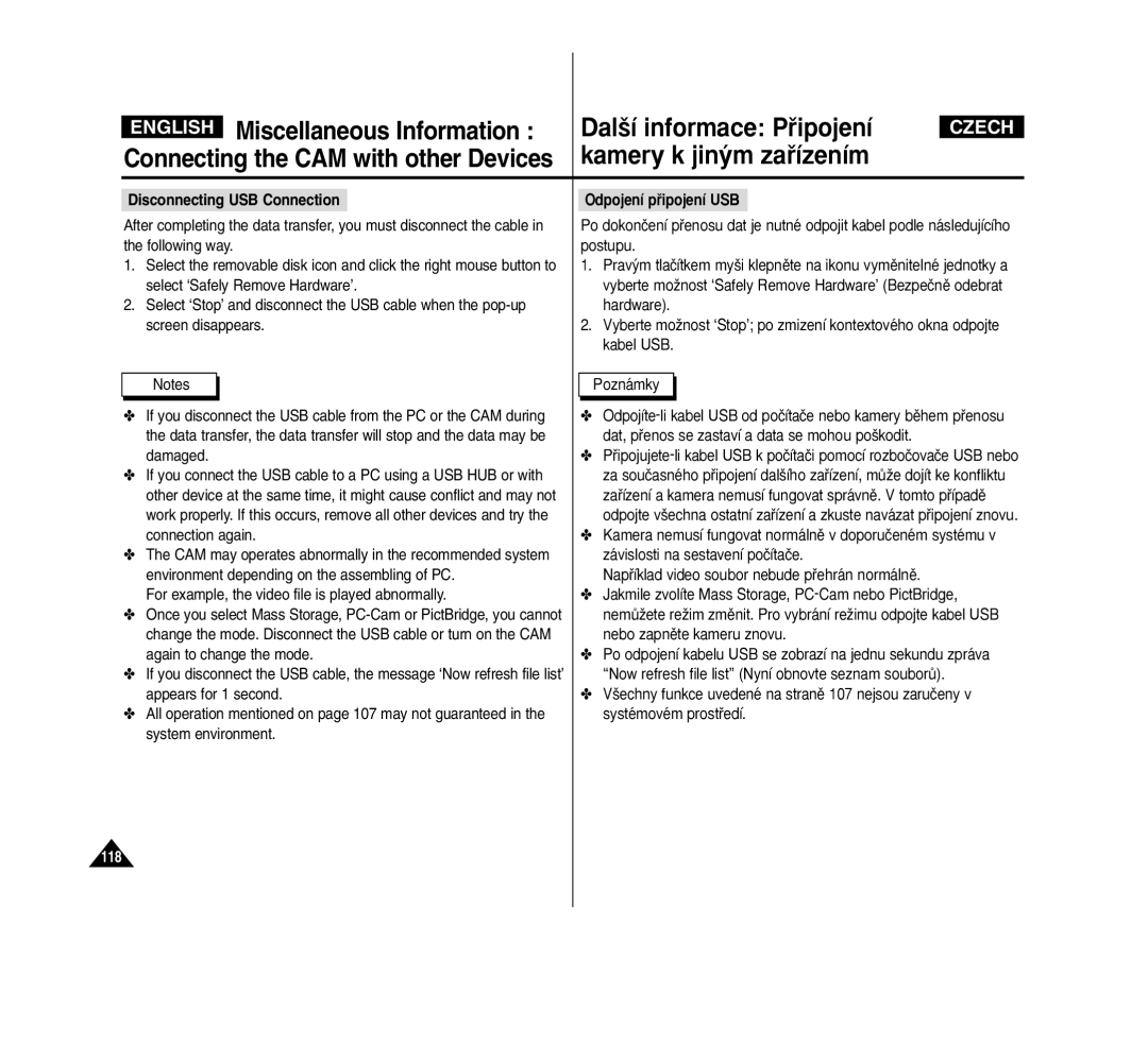 Samsung VP-M2050B/XEV, VP-M2100B/XET, VP-M2100BMEM, VP-M2050S/XEC manual Disconnecting USB Connection, Odpojení pﬁipojení USB 