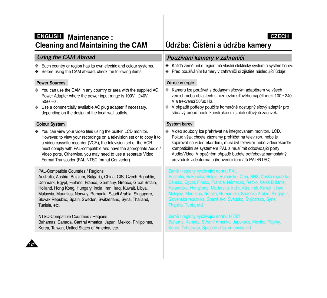 Samsung VP-M2100S/XEH, VP-M2100B/XET manual Using the CAM Abroad, PouÏívání kamery v zahraniãí, Zdroje energie, Systém barev 
