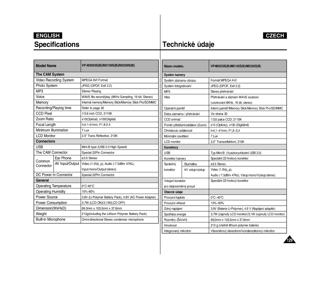 Samsung VP-M2100B/XEV, VP-M2100B/XET, VP-M2100BMEM manual Specifications, Model Name, CAM System, Connectors, General 