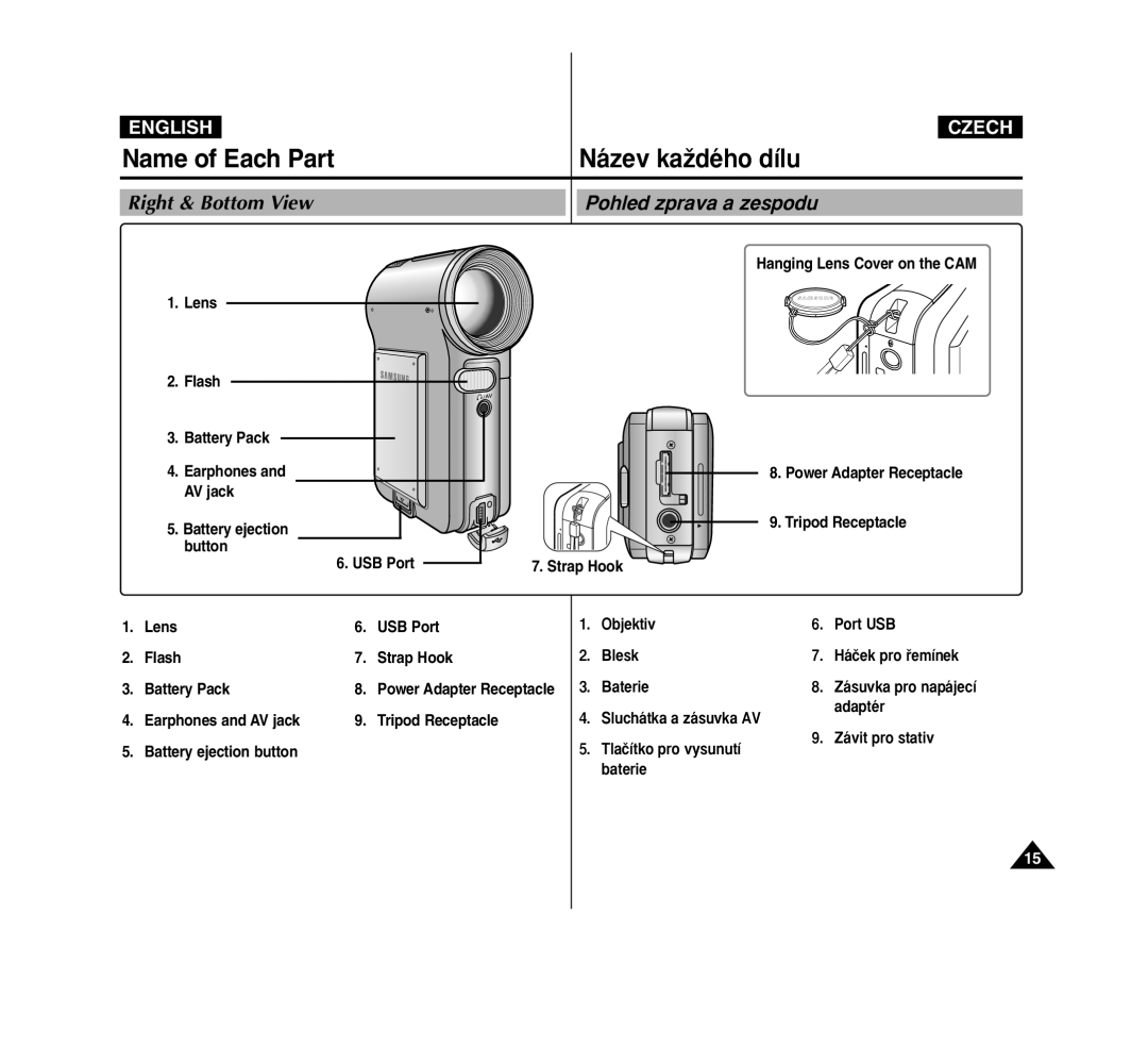 Samsung VP-M2100S/SED, VP-M2100B/XET, VP-M2100BMEM, VP-M2050S/XEC manual Right & Bottom View, Pohled zprava a zespodu, Baterie 