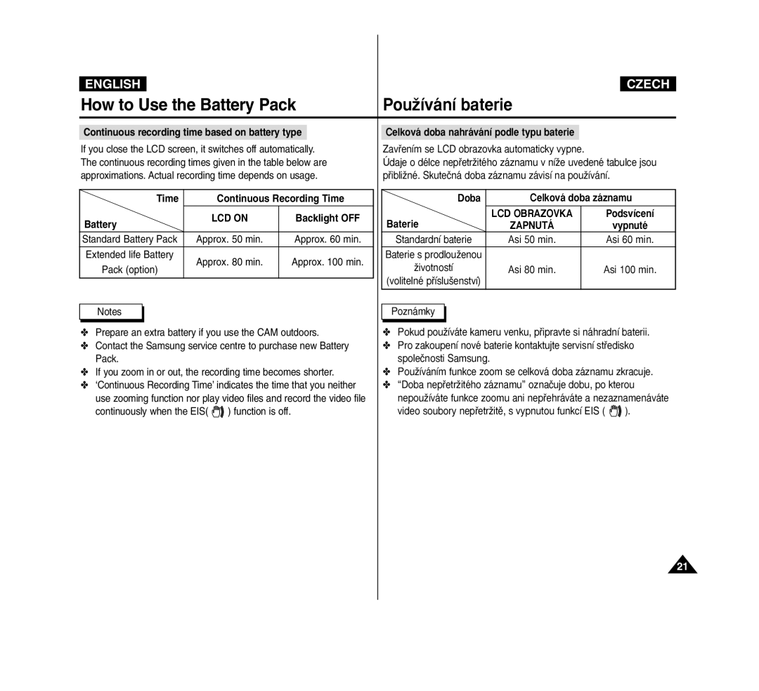 Samsung VP-M2100BMEM manual Continuous recording time based on battery type, Time Continuous Recording Time Battery 