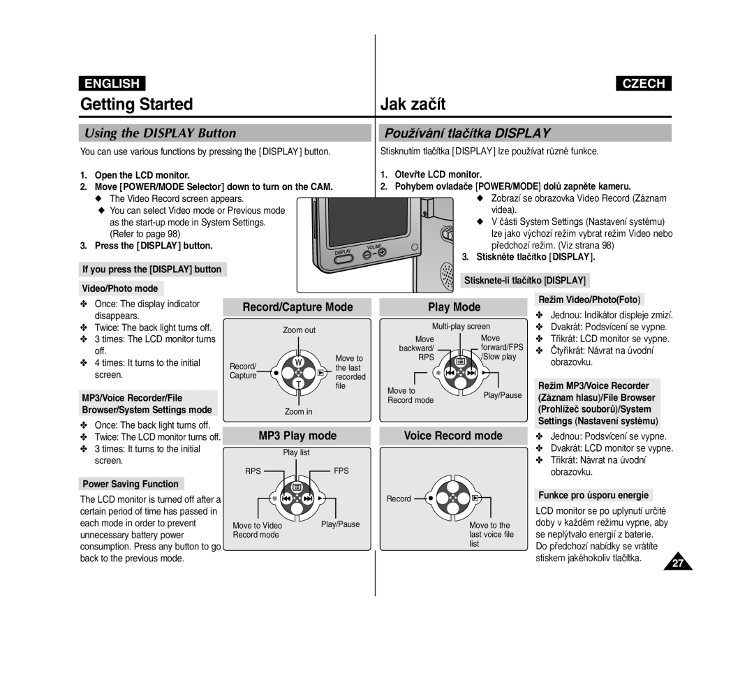 Samsung VP-M2050S/XEV, VP-M2100B/XET manual Getting Started Jak zaãít, Using the Display Button, PouÏívání tlaãítka Display 