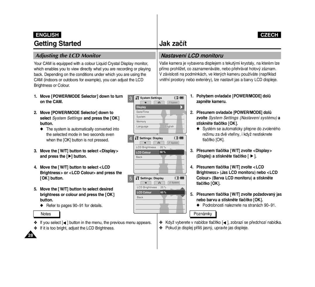 Samsung VP-M2050B/XEV, VP-M2100B/XET Adjusting the LCD Monitor, Nastavení LCD monitoru, Refer to pages 90~91 for details 