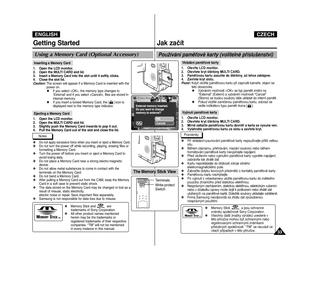 Samsung VP-M2100S/XEC manual Using a Memory Card Optional Accessory, PouÏívání pamûÈové karty volitelné pﬁíslu‰enství 