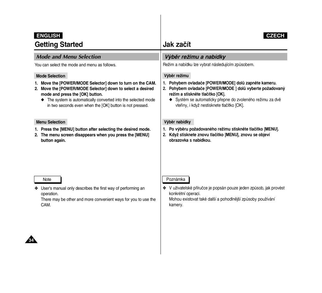 Samsung VP-M2100S/XEH manual Mode and Menu Selection, ˘bûr reÏimu a nabídky, You can select the mode and menu as follows 