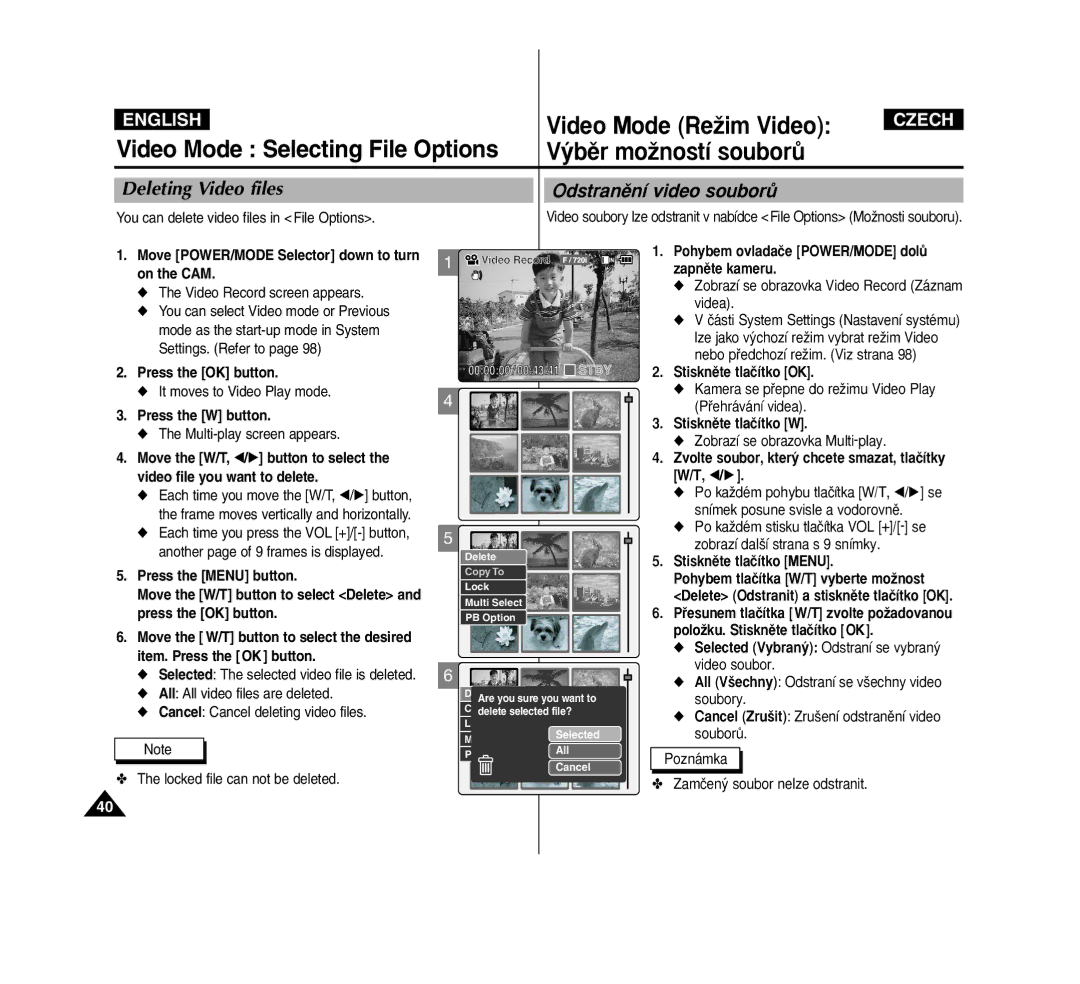 Samsung VP-M2100B/XET manual Video Mode Selecting File Options ˘bûr moÏností souborÛ, Deleting Video files, Zapnûte kameru 
