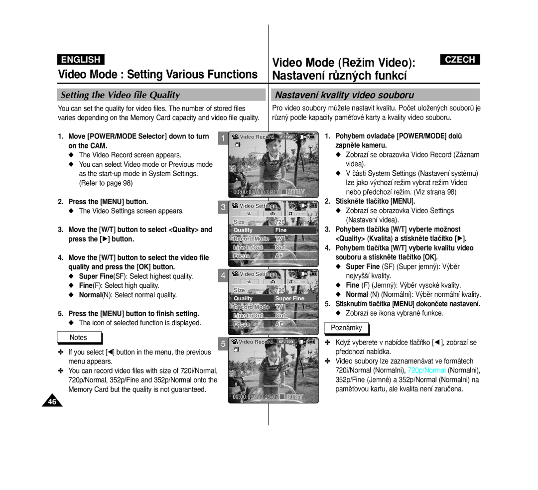 Samsung VP-M2100S/XEV, VP-M2100B/XET, VP-M2100BMEM manual Setting the Video file Quality, Nastavení kvality video souboru 