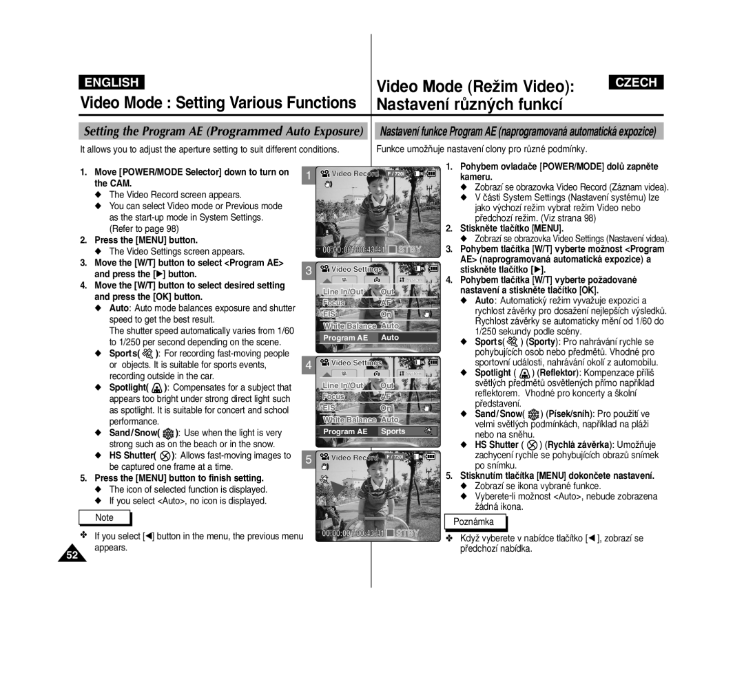 Samsung VP-M2050S/XEC Setting the Program AE Programmed Auto Exposure, Move POWER/MODE Selector down to turn on 1 the CAM 