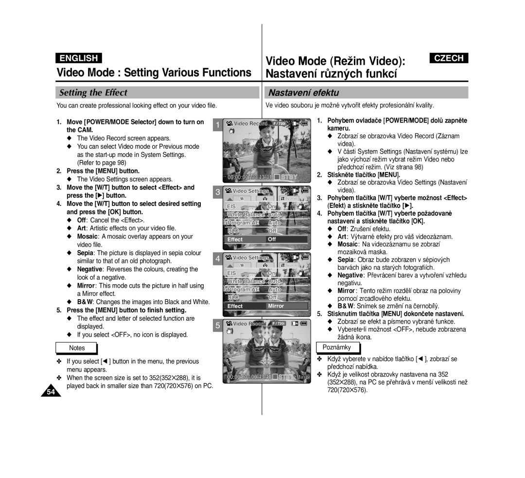 Samsung VP-M2100S/XEH, VP-M2100B/XET, VP-M2100BMEM, VP-M2050S/XEC, VP-M2100S/XEC manual Setting the Effect, Nastavení efektu 