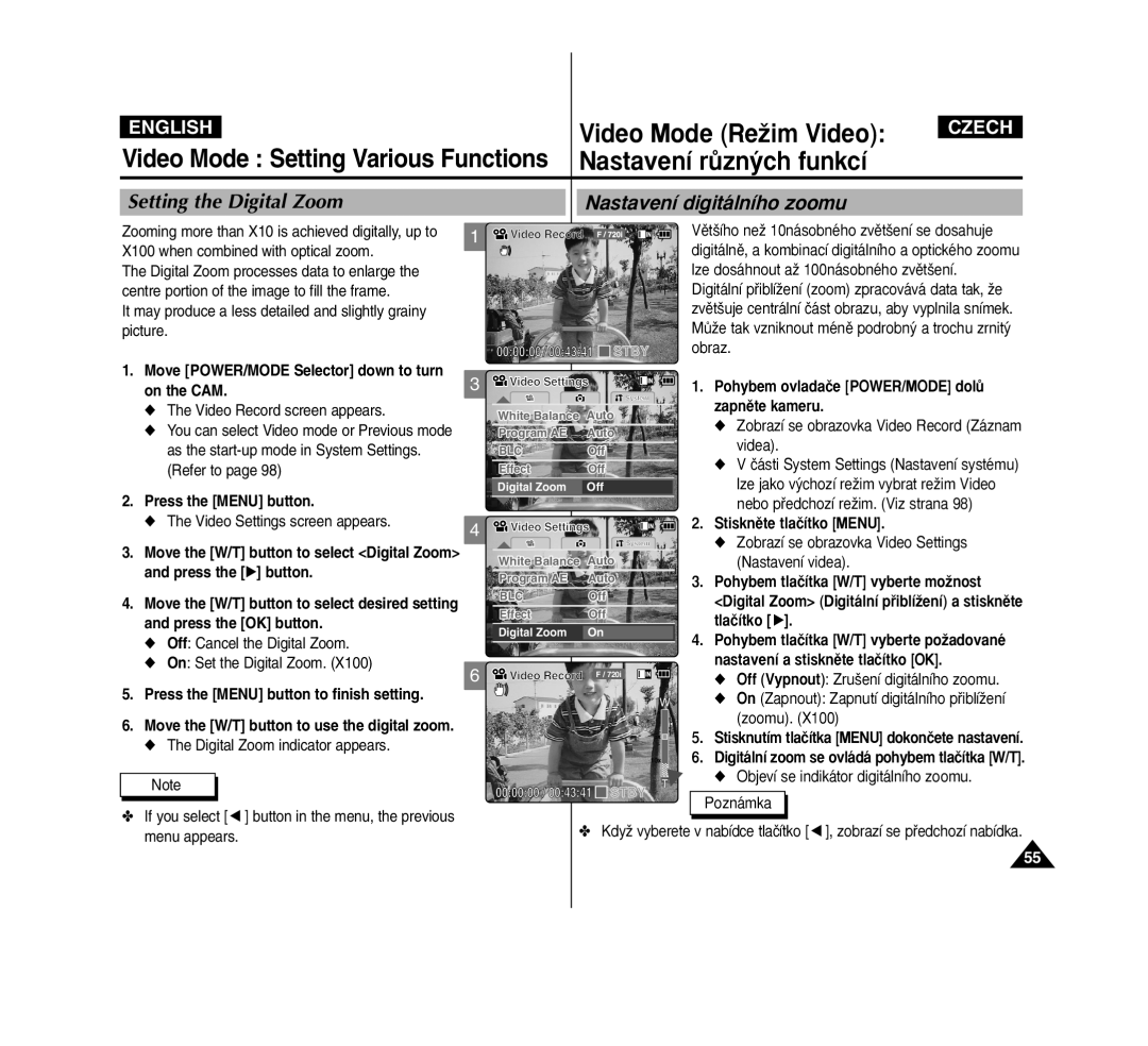 Samsung VP-M2100S/SED manual Setting the Digital Zoom Nastavení digitálního zoomu, X100 when combined with optical zoom 
