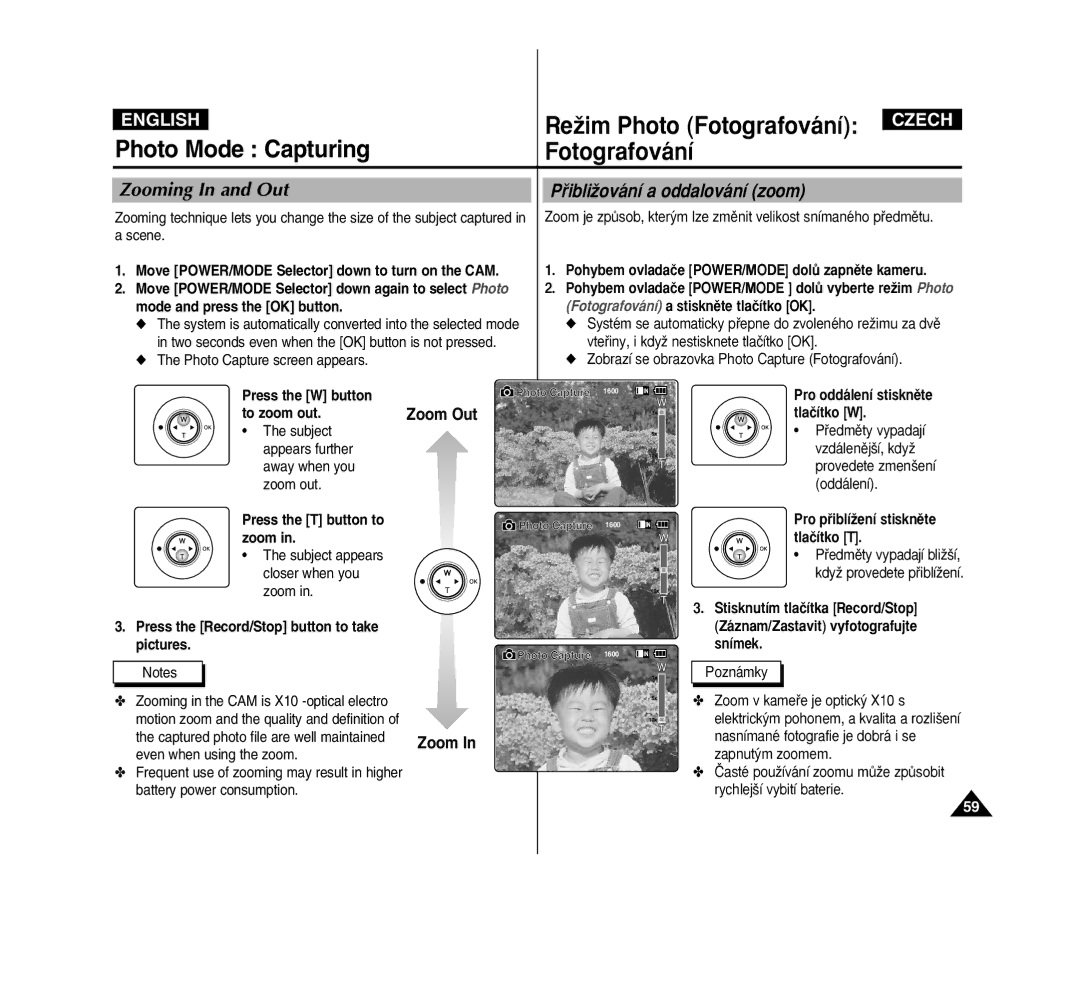 Samsung VP-M2100B/XEV manual To zoom out, Press the T button to, Zoom, Press the Record/Stop button to take Pictures 