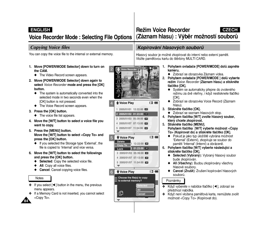 Samsung VP-M2100S/XEH, VP-M2100B/XET, VP-M2100BMEM, VP-M2050S/XEC manual Copying Voice files Kopírování hlasov˘ch souborÛ 