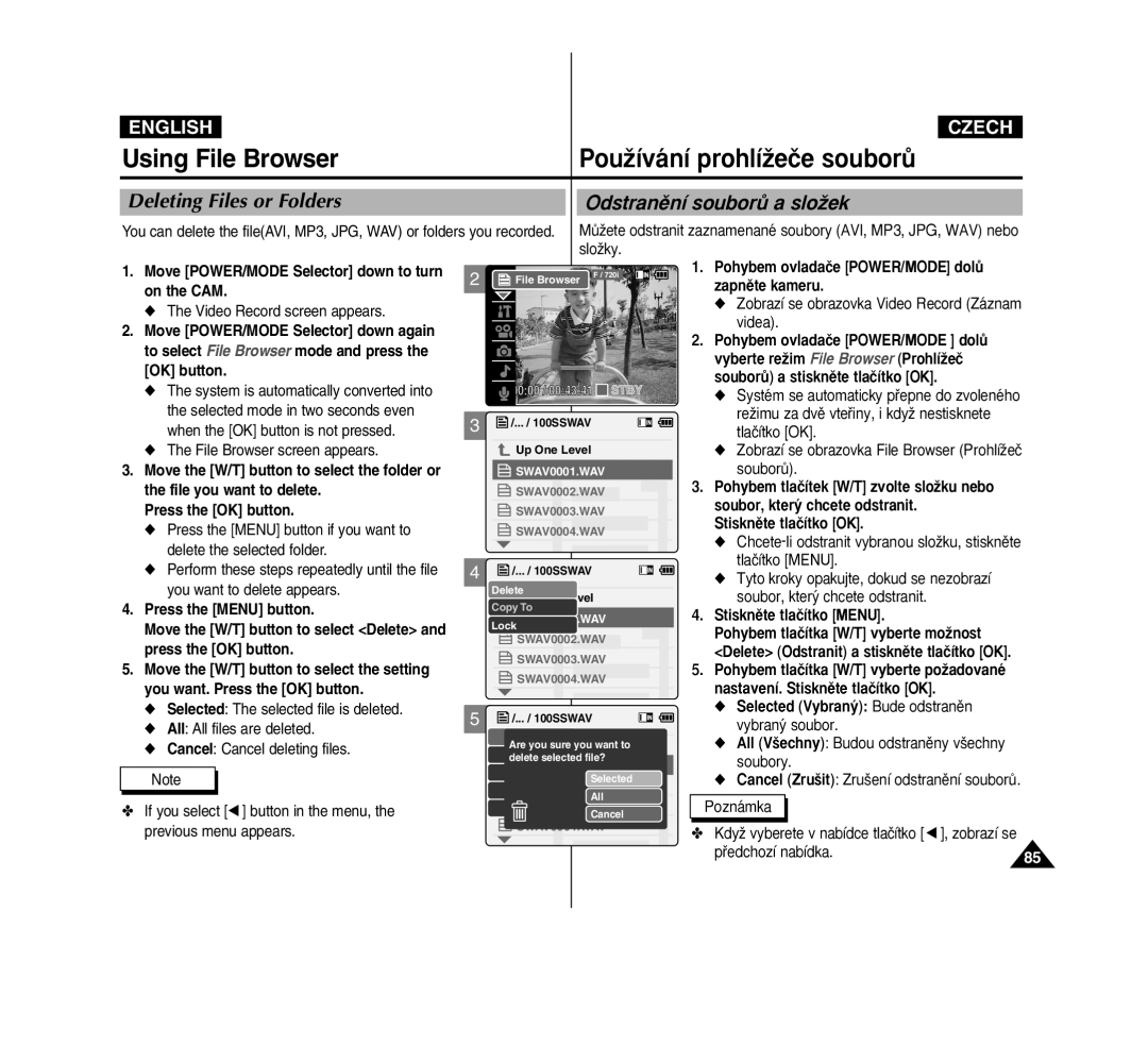 Samsung VP-M2100S/SED, VP-M2100B/XET manual Using File Browser, Deleting Files or Folders Odstranûní souborÛ a sloÏek 