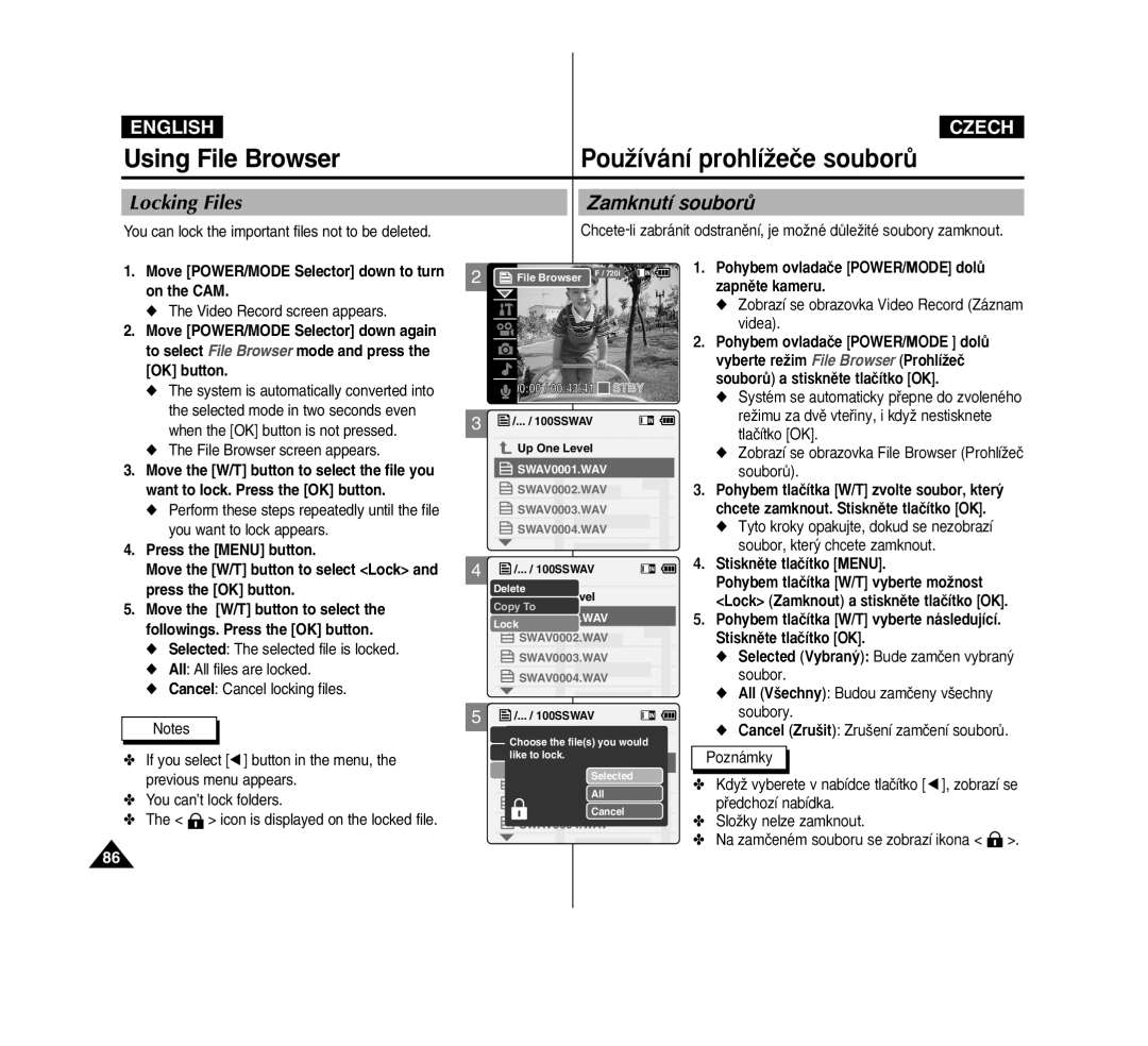 Samsung VP-M2100S/XEV, VP-M2100B/XET, VP-M2100BMEM, VP-M2050S/XEC manual Using File Browser, Locking Files, Zamknutí souborÛ 