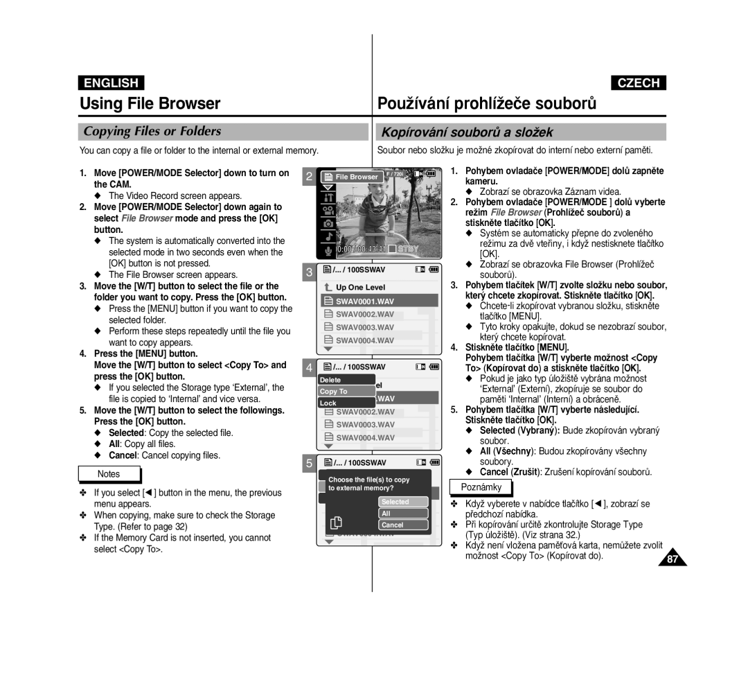 Samsung VP-M2050S/XEV, VP-M2100B/XET, VP-M2100BMEM, VP-M2050S/XEC manual Using File Browser PouÏívání prohlíÏeãe souborÛ 