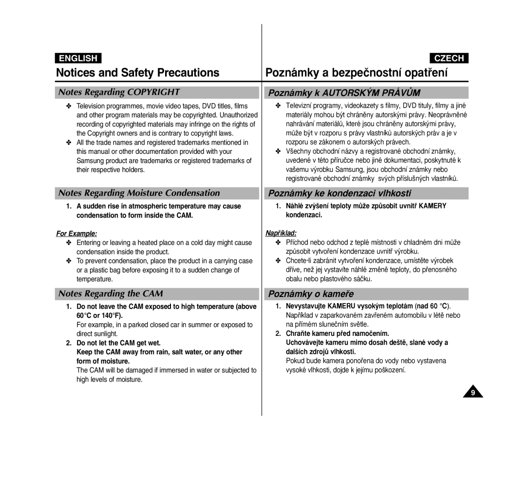 Samsung VP-M2100B/XEV, VP-M2100B/XET manual Poznámky k AUTORSK¯M Právòm, Poznámky ke kondenzaci vlhkosti, Poznámky o kameﬁe 