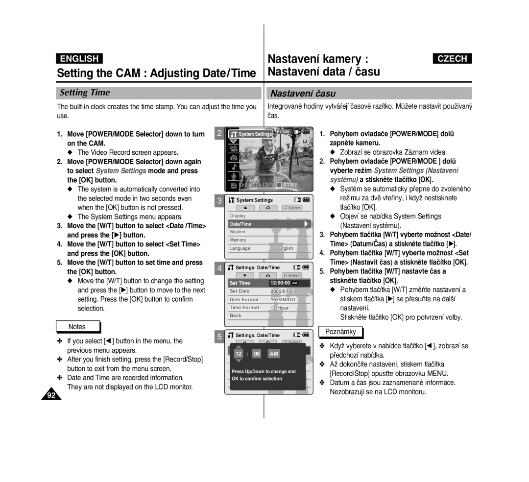 Samsung VP-M2050S/XEC, VP-M2100B/XET manual Setting the CAM Adjusting Date/Time, Setting Time Nastavení ãasu, Use Ãas 