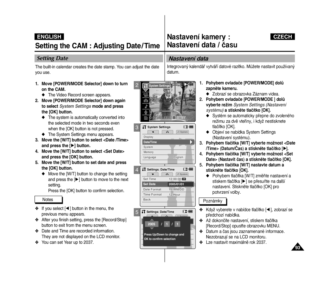 Samsung VP-M2100S/XEC, VP-M2100B/XET, VP-M2100BMEM manual Setting Date Nastavení data, You use Datum, You can set Year up to 