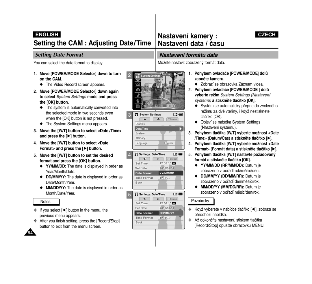 Samsung VP-M2100S/XEH, VP-M2100BMEM Setting Date Format, Nastavení formátu data, You can select the date format to display 