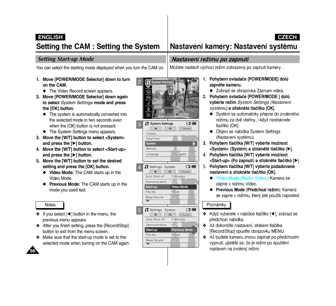 Samsung VP-M2050B/XEV, VP-M2100B/XET, VP-M2100BMEM, VP-M2050S/XEC manual Setting Start-up Mode Nastavení reÏimu po zapnutí 