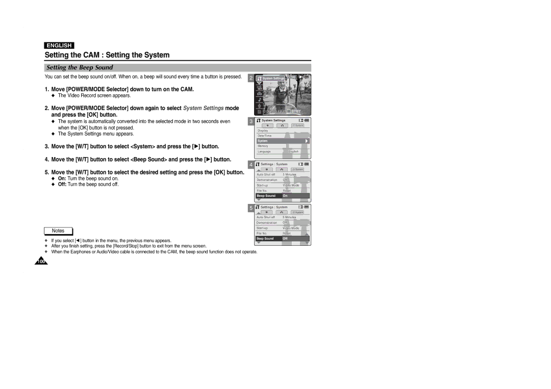 Samsung VP-M2100B/XET, VP-M2100BMEM manual Setting the Beep Sound, On Turn the beep sound on Off Turn the beep sound off 