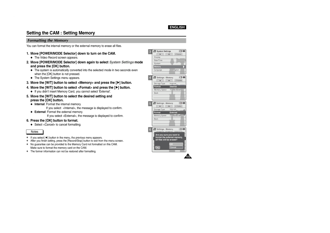 Samsung VP-M2100S/XEC manual Formatting the Memory, Press the OK button to format, Select Cancel to cancel formatting 