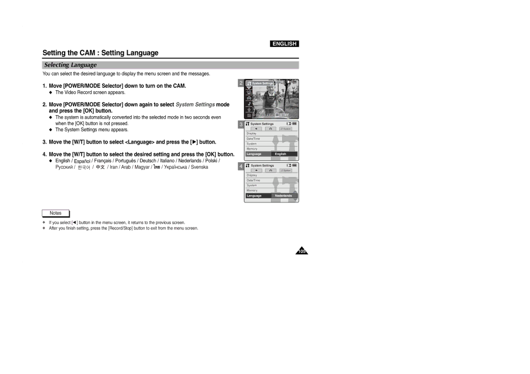 Samsung VP-M2100S/SED, VP-M2100B/XET, VP-M2100BMEM, VP-M2050S/XEC manual Setting the CAM Setting Language, Selecting Language 