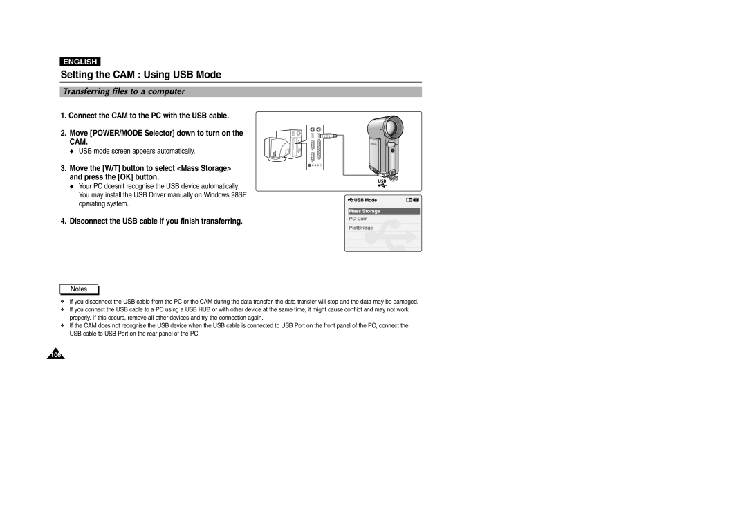 Samsung VP-M2100S/XEV, VP-M2100B/XET, VP-M2100BMEM manual Setting the CAM Using USB Mode, Transferring files to a computer 