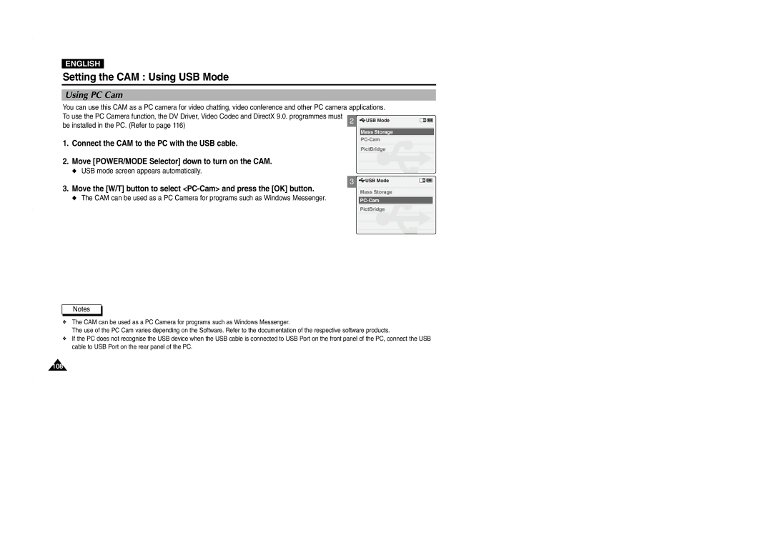 Samsung VP-M2050B/XEV, VP-M2100B/XET, VP-M2100BMEM, VP-M2050S/XEC manual Using PC Cam, Be installed in the PC. Refer to 