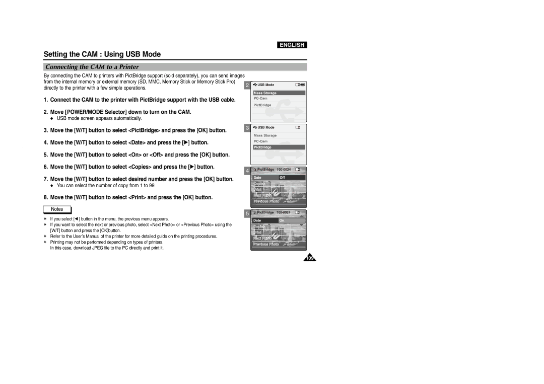 Samsung VP-M2100B/XEV manual Connecting the CAM to a Printer, Move the W/T button to select Print and press the OK button 