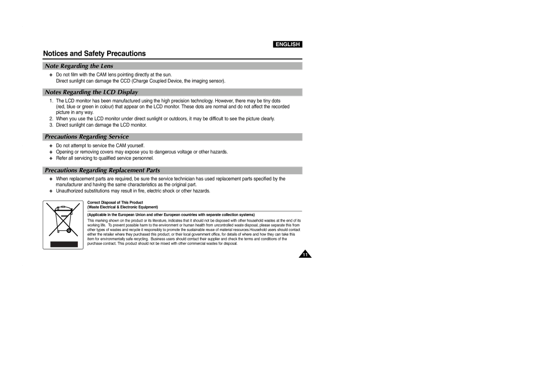 Samsung VP-M2100BMEM, VP-M2100B/XET, VP-M2050S/XEC Precautions Regarding Service, Precautions Regarding Replacement Parts 