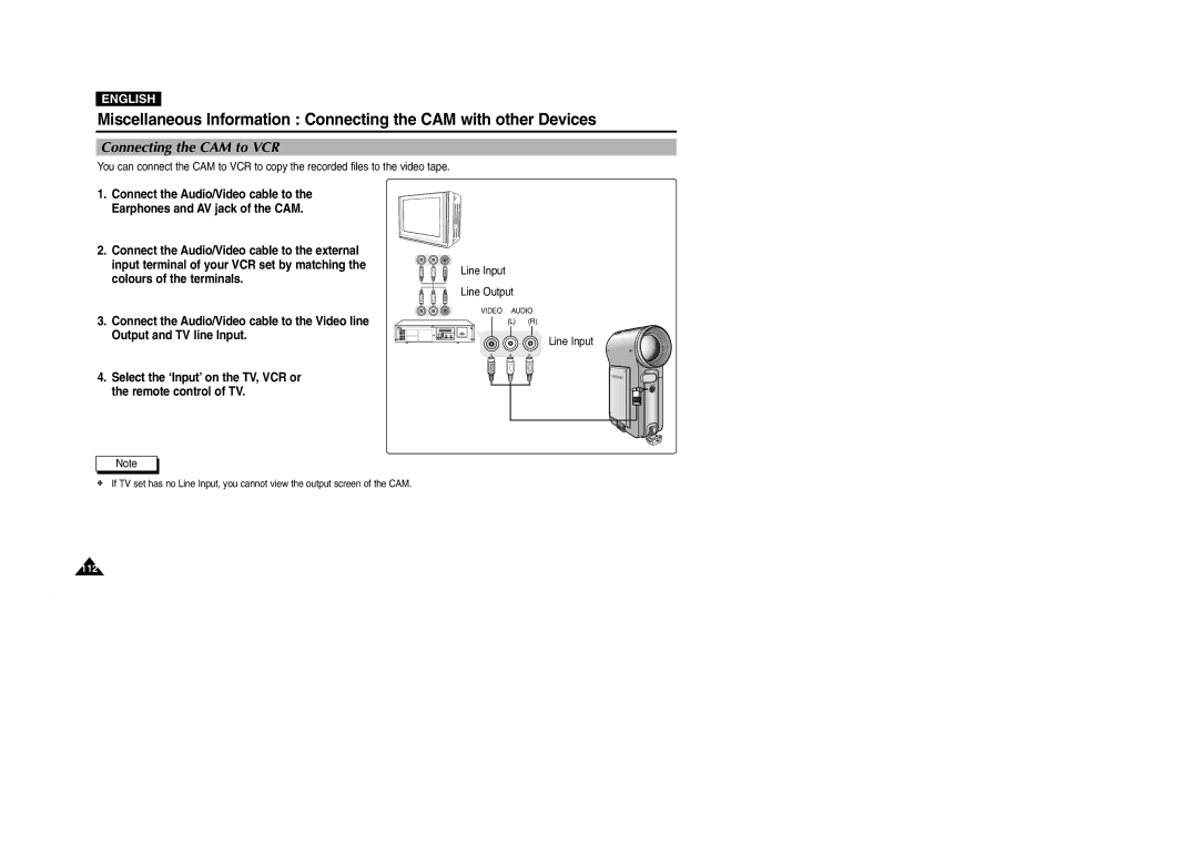 Samsung VP-M2050S/XEC, VP-M2100B/XET, VP-M2100BMEM, VP-M2100S/XEC manual Connecting the CAM to VCR, Line Input Line Output 