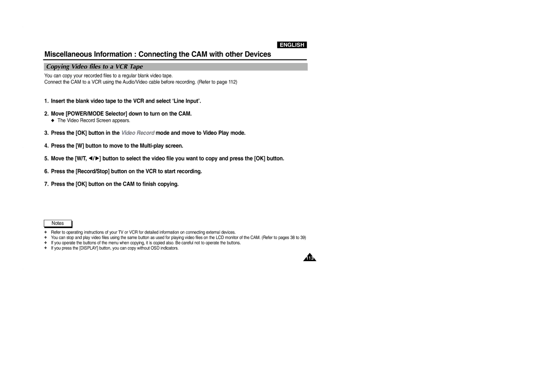 Samsung VP-M2100S/XEC, VP-M2100B/XET, VP-M2100BMEM, VP-M2050S/XEC, VP-M2100S/XEH manual Copying Video files to a VCR Tape 