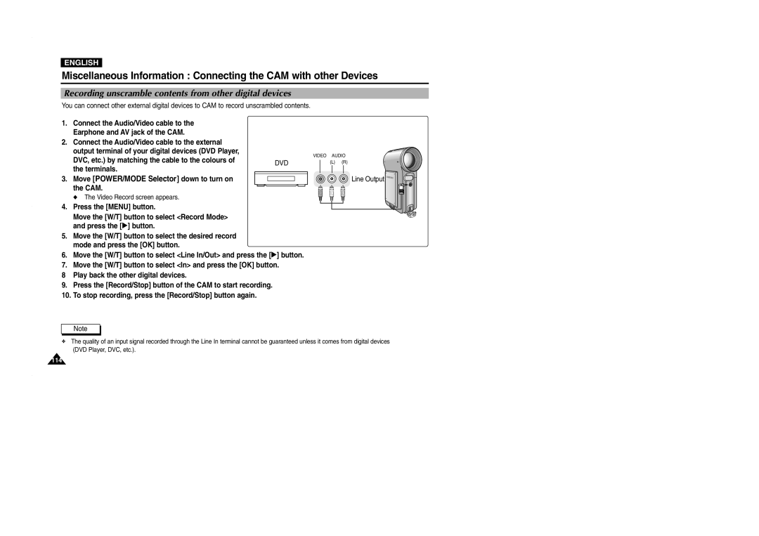 Samsung VP-M2100S/XEH, VP-M2100B/XET, VP-M2100BMEM, VP-M2050S/XEC Recording unscramble contents from other digital devices 