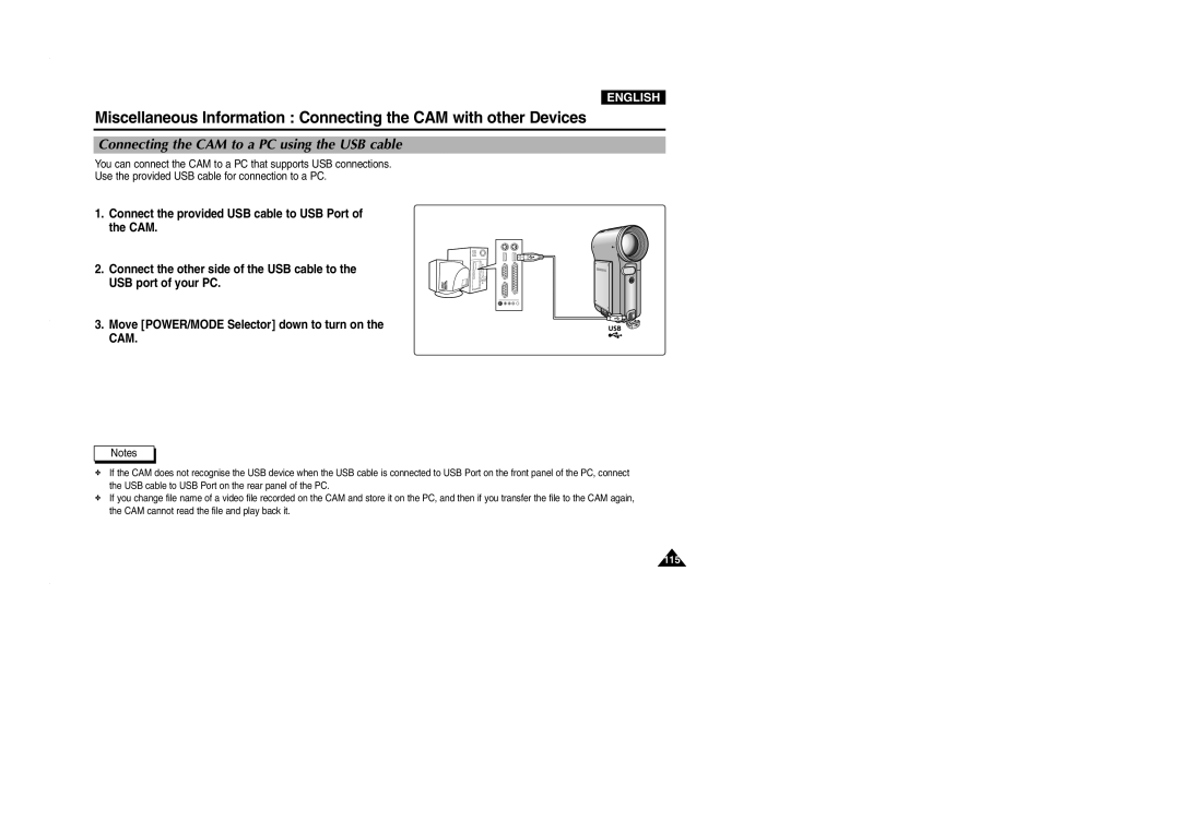 Samsung VP-M2100S/SED, VP-M2100B/XET, VP-M2100BMEM, VP-M2050S/XEC manual Connecting the CAM to a PC using the USB cable 