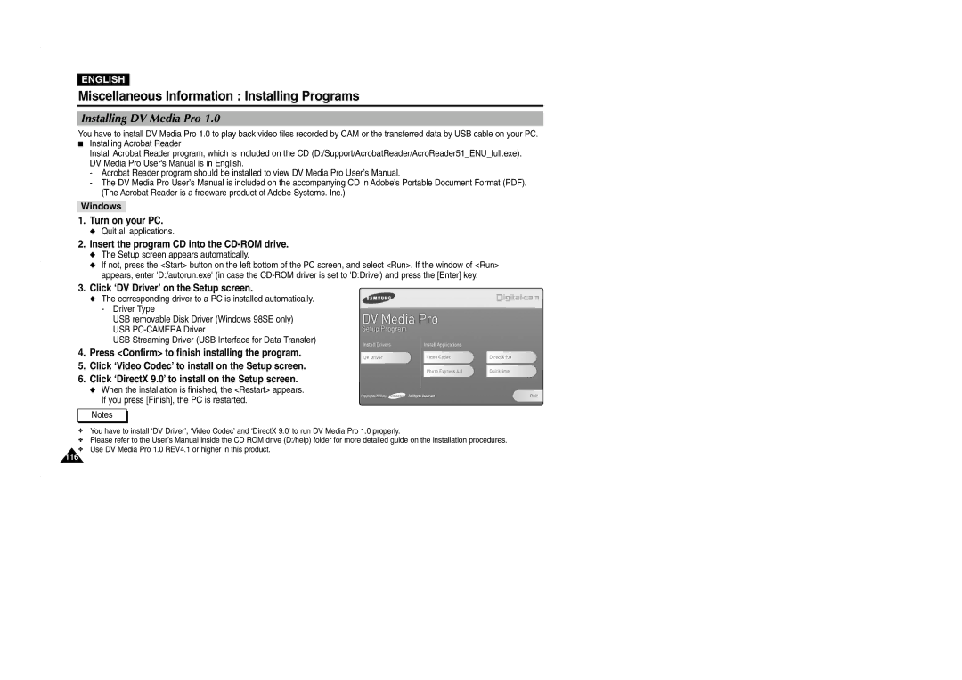 Samsung VP-M2100S/XEV Miscellaneous Information Installing Programs, Installing DV Media Pro, Windows Turn on your PC 